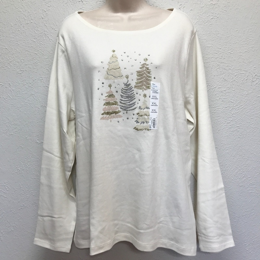 Croft & Barrow Holiday Shirt Womens XXL Cream Trees Classic Long‎ Sleeve Glitter